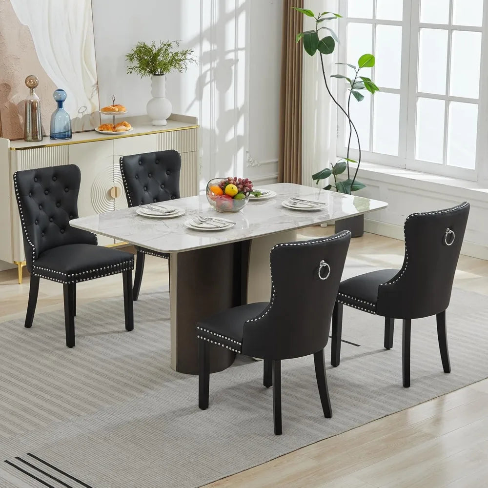 Tufted Upholstered Leather Dining Chairs with Solid Wood Legs and a Pull Ring