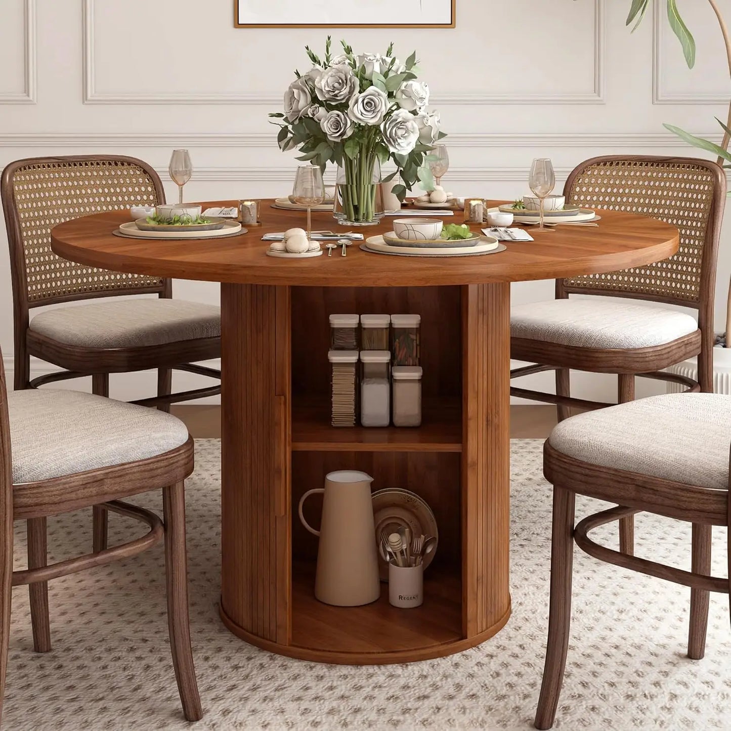Round Dining Table with 2-Layer Storage Shelf and Wood Slide Door