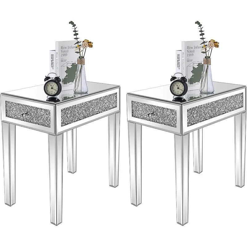 Mirrored Nightstand Set with Drawer Glass Accent Table