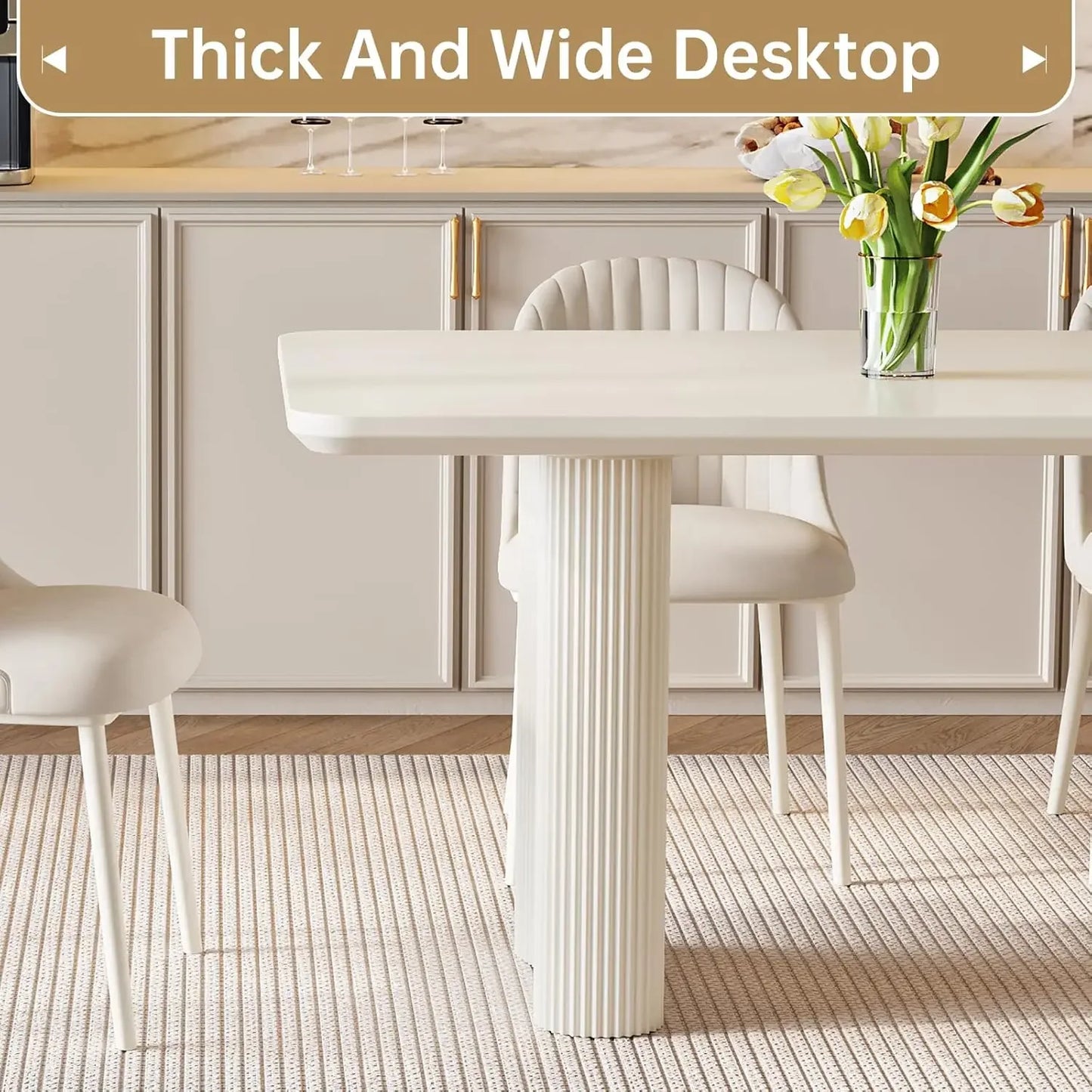 Large Modern Rectangular Dining Table with Cream White Wavy Table Legs