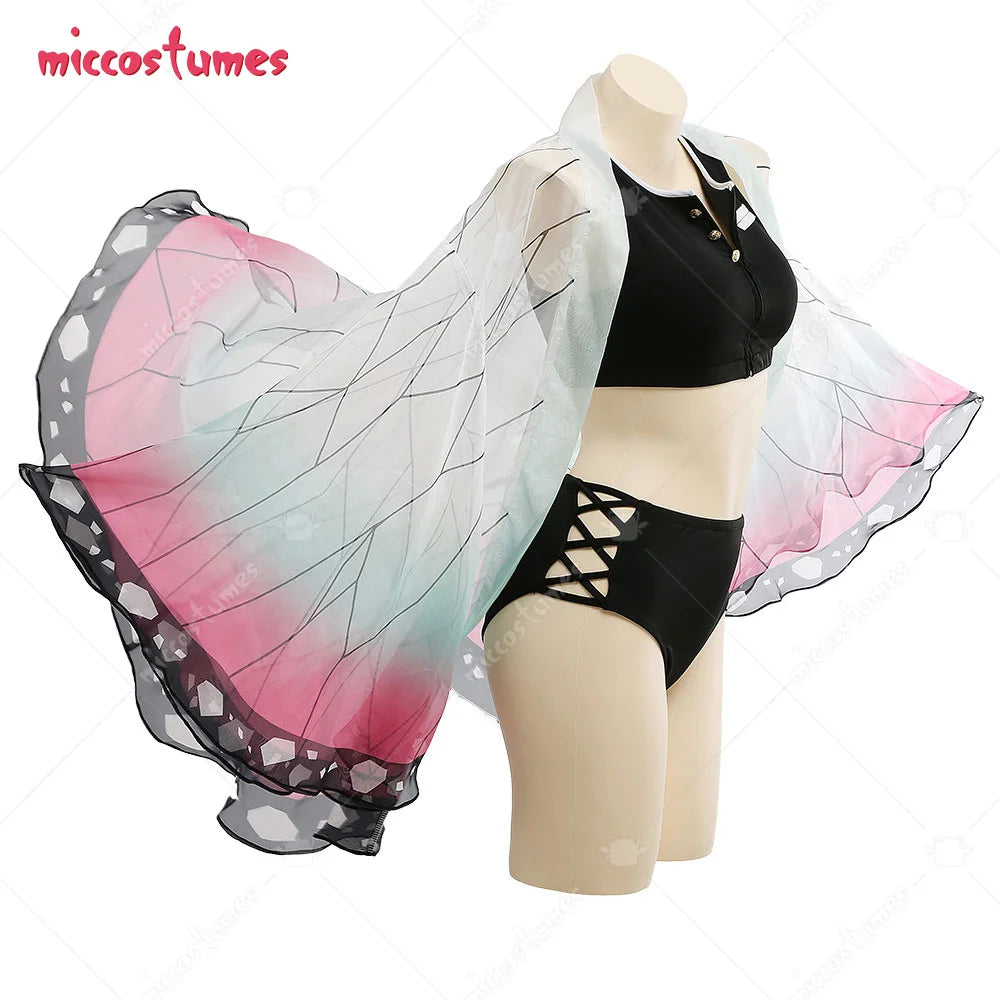 Teen to Women Two Piece Bathing Suit with Strapped Butterfly-Printed Kimono Haori Cover Up