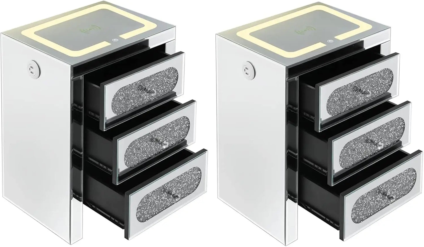 Mirrored Nightstands Set with Wireless Charging Station and LED Lights