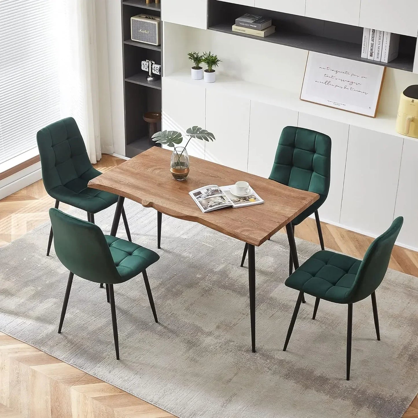 Modern Irregular Rectangle Dining Table Set with Velvet Upholstery Side Chairs