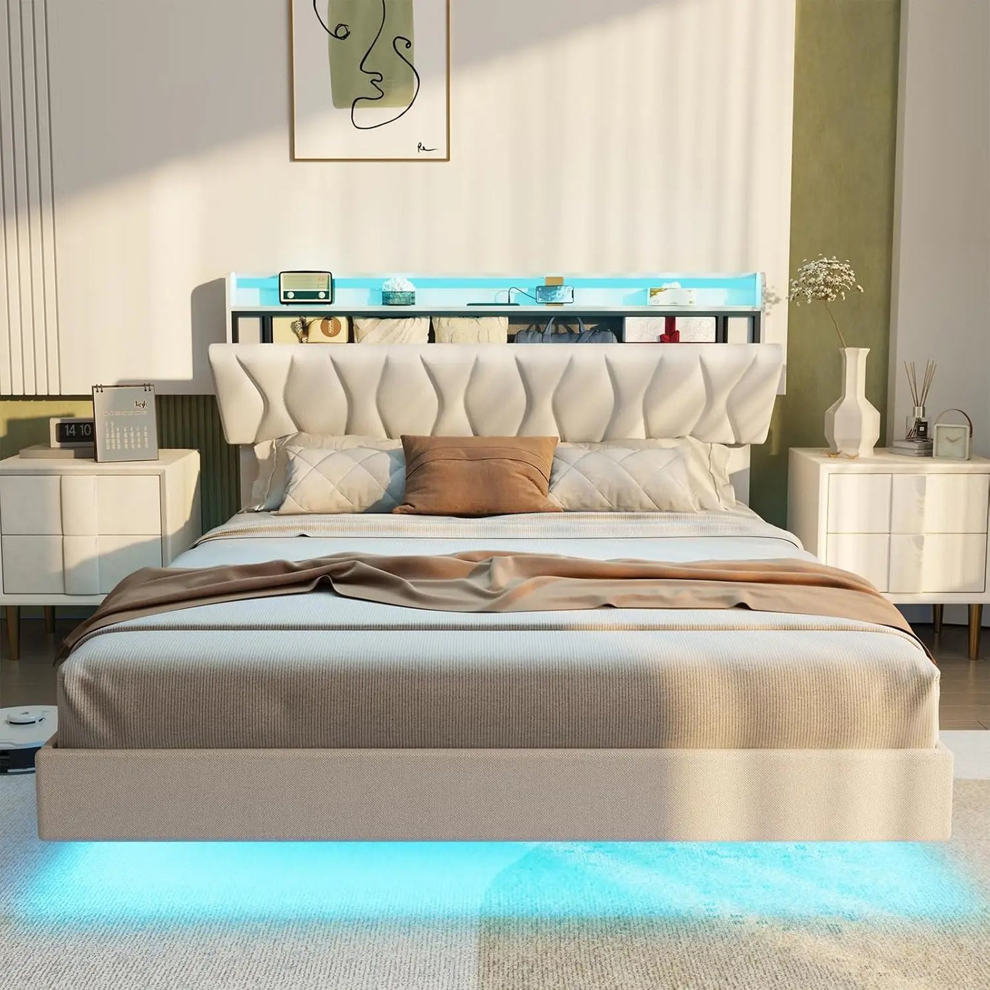 Floating Bed Frame with Storage Headboard & LED Light Frame & Charging Station