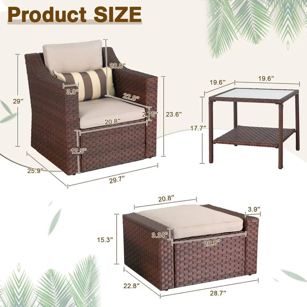 Patio Conversation Set with Ottoman Footrest, Table & Cushions