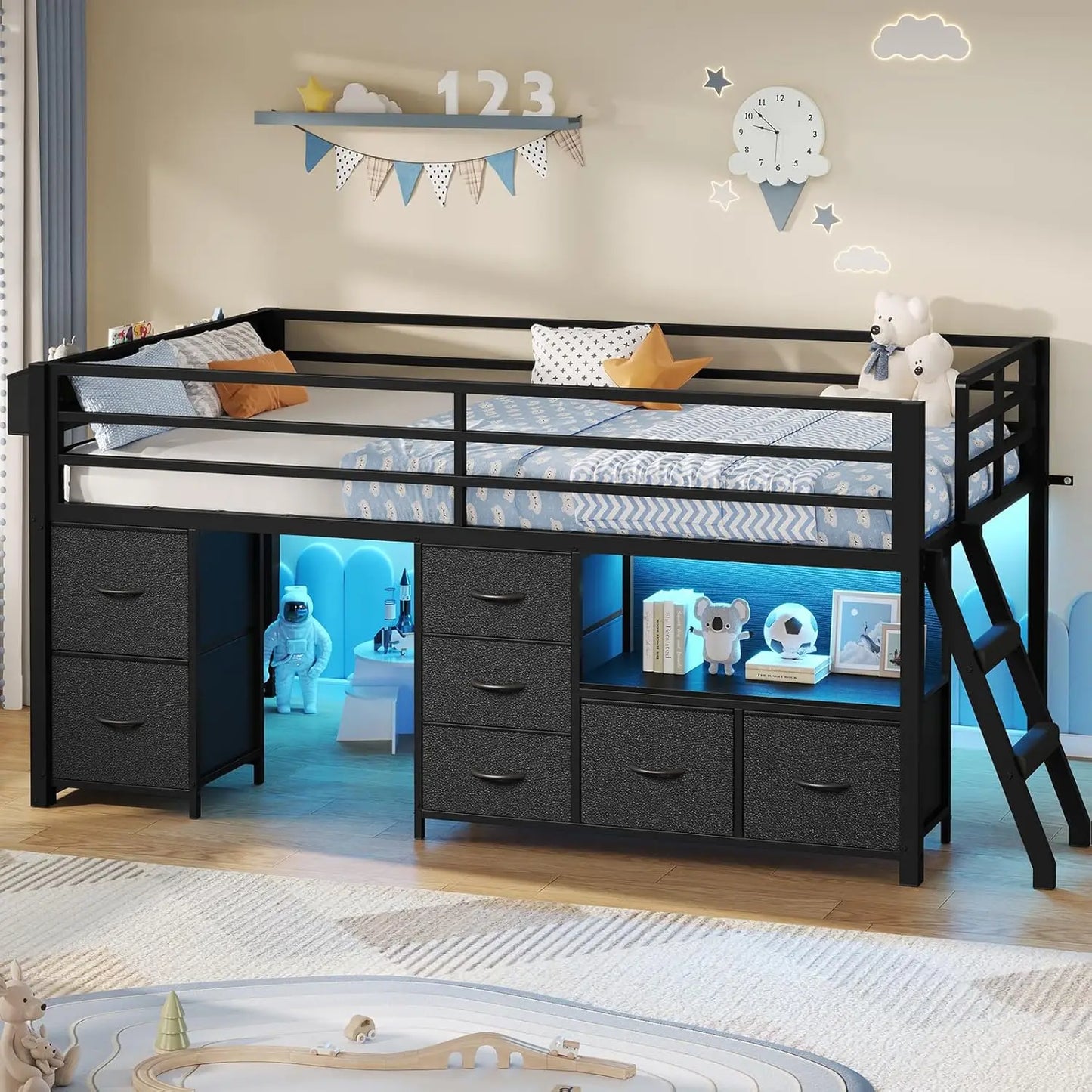 Metal Low Loft Bed Twin Size with Bookcase and LED Lights