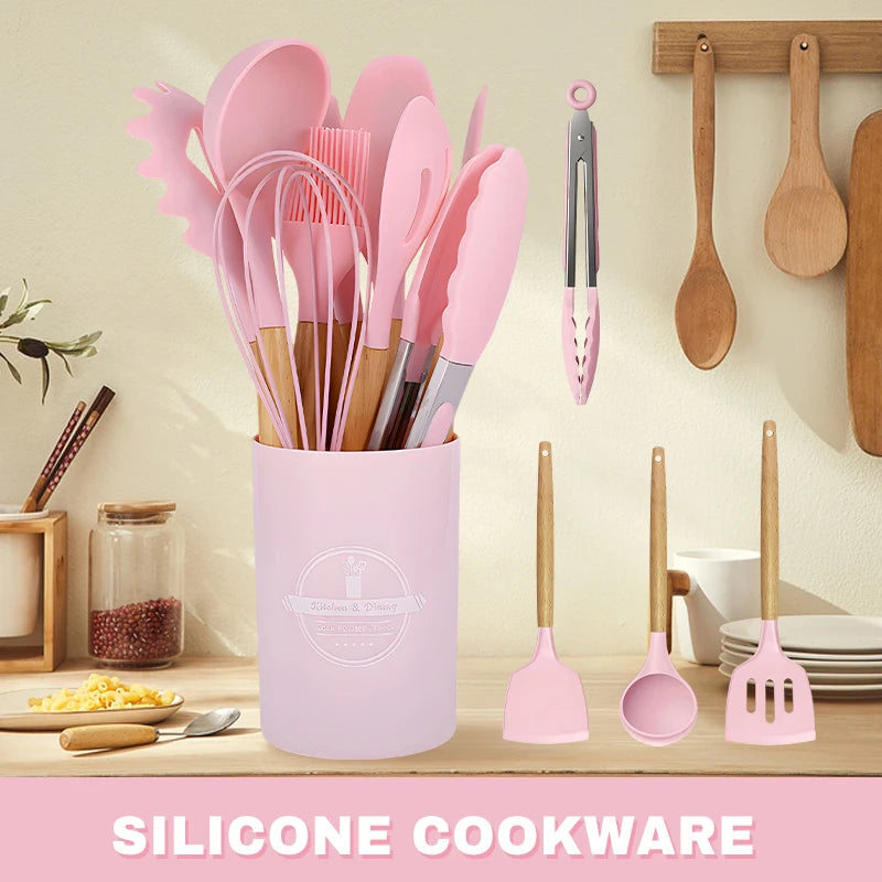 Silicone Cookware Kitchen Utensil Wooden Handle