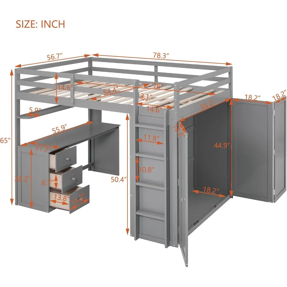 Full Size Loft Bed with Desk and Wardrobe