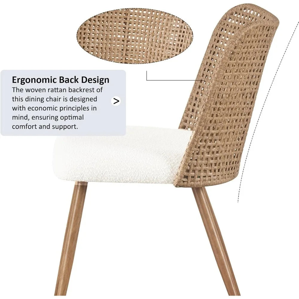 Modern Upholstered Rattan Dining Chairs with Full PE Cane Back and Metal Legs