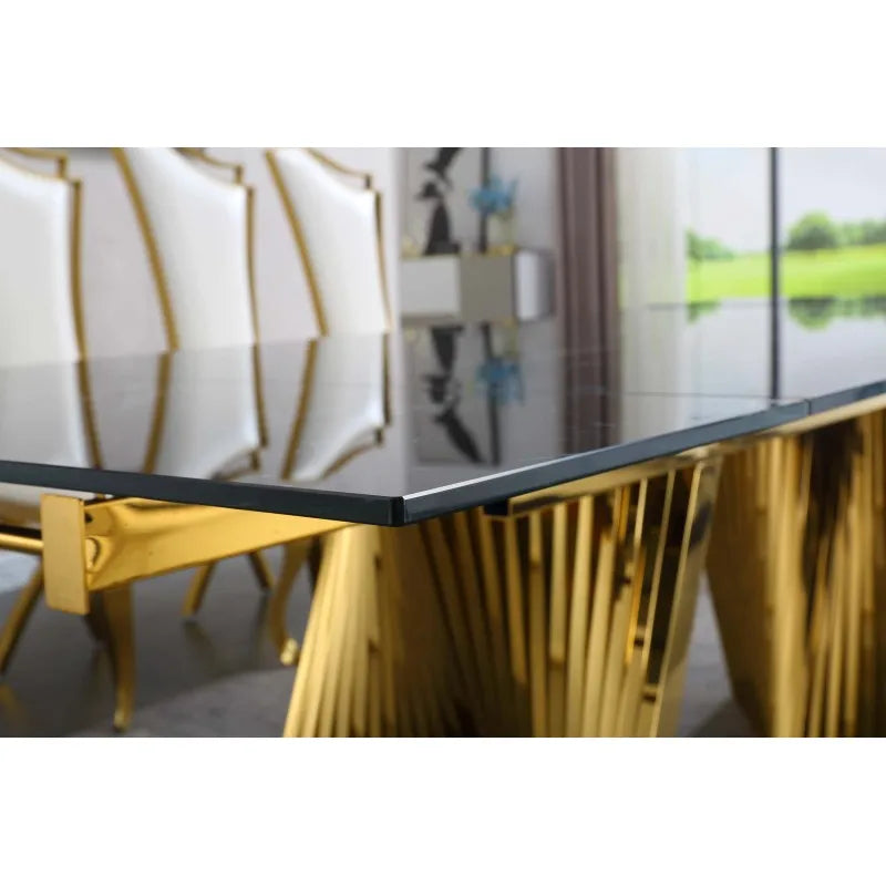Dining Table with Black Marble Top & Tempered Glass
