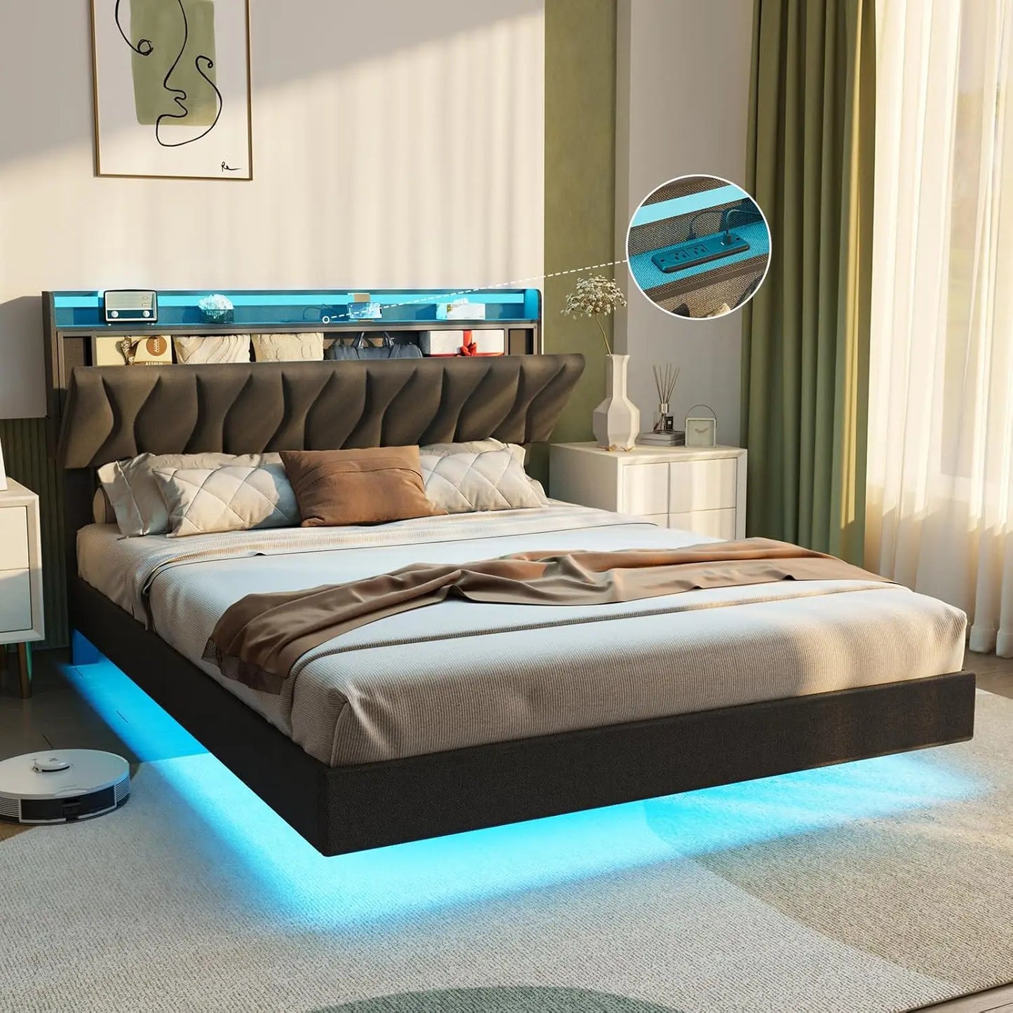 Floating Bed Frame with Storage Headboard & LED Light Frame & Charging Station
