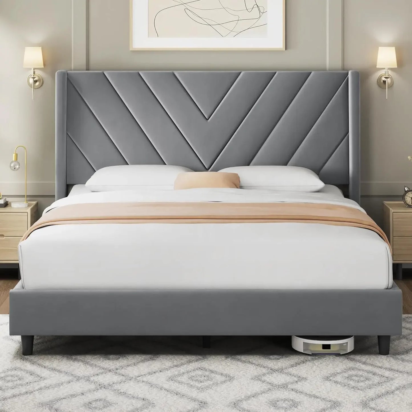 Bed Frame Upholstered Platform with Wing Side