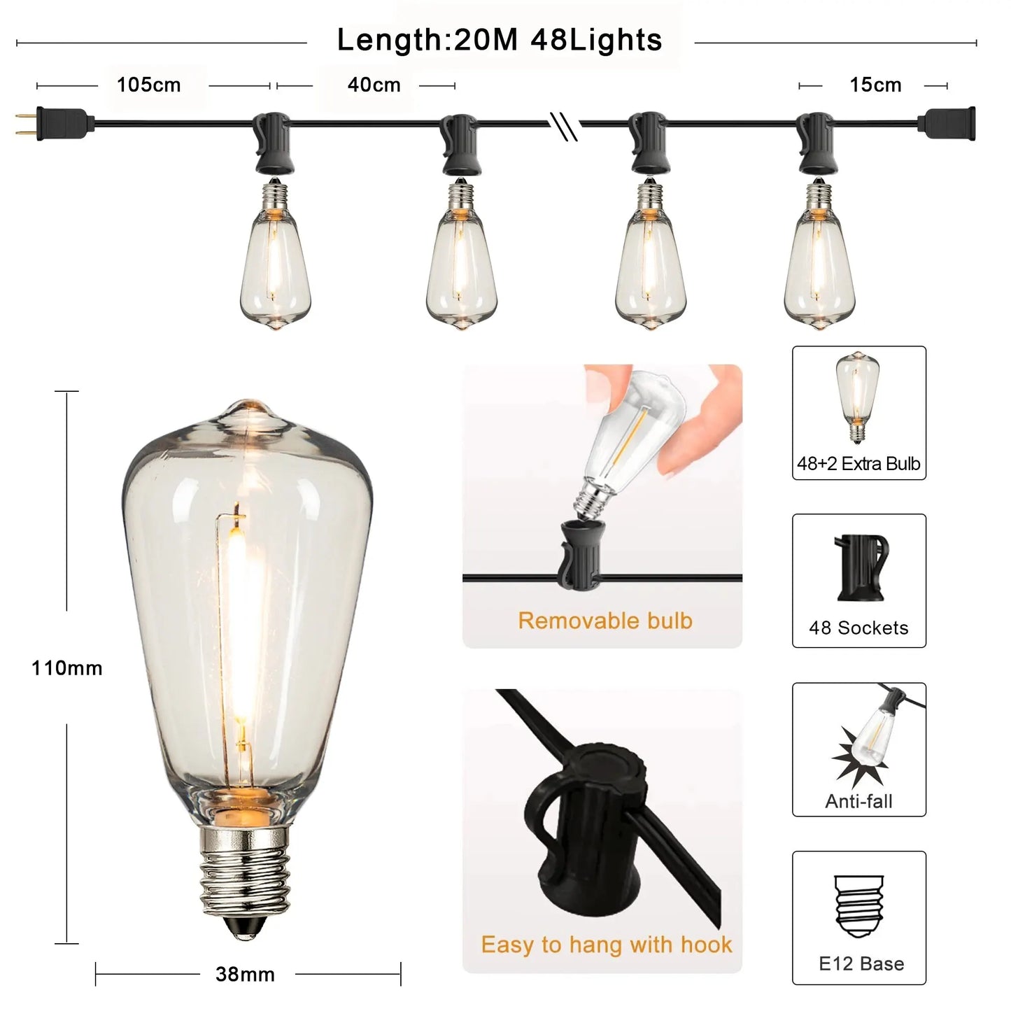 Patio String Garland LED Lights Connectable Waterproof Plastic Bulb