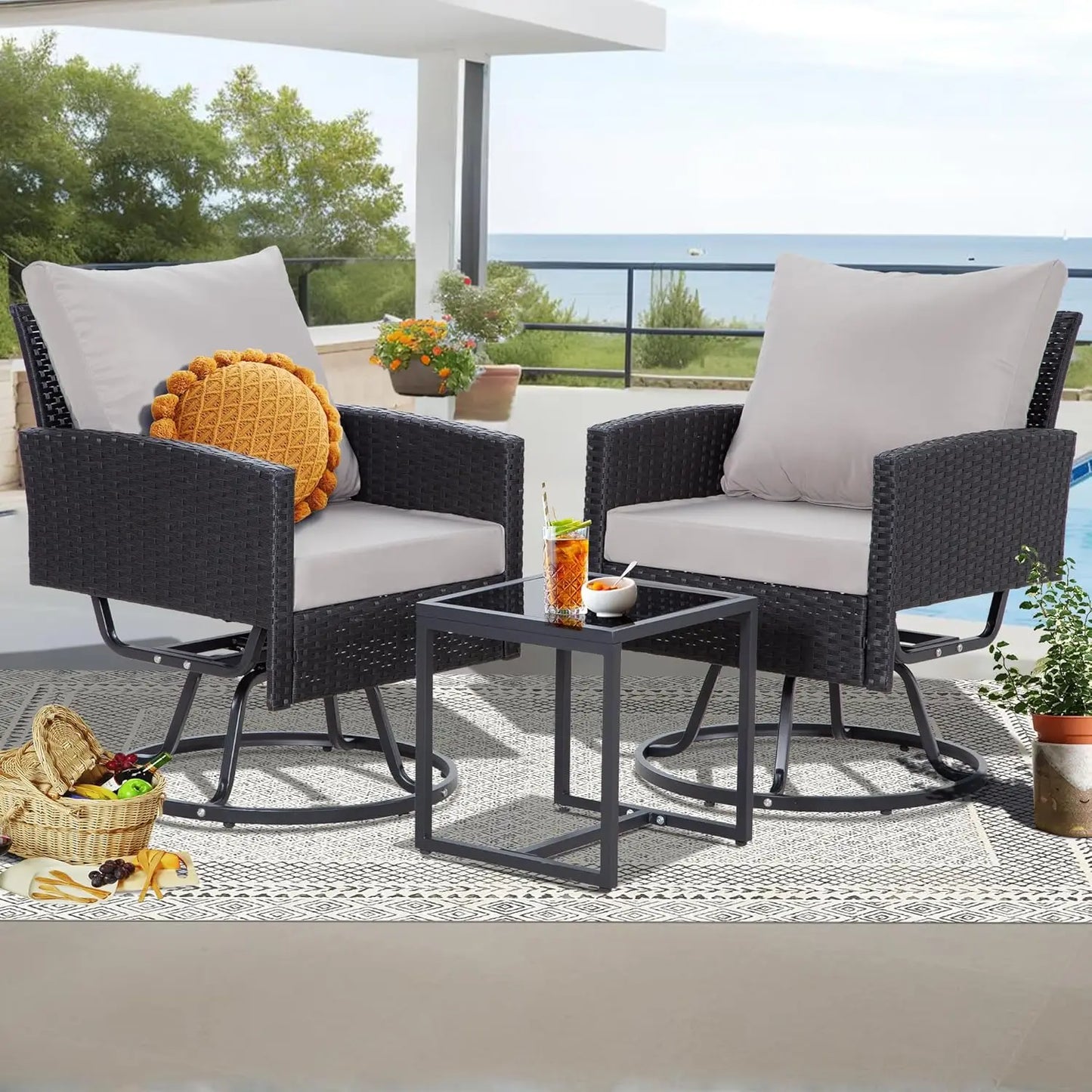 Swivel Patio Furniture Set with Glass Coffee Table and Thick Cushions
