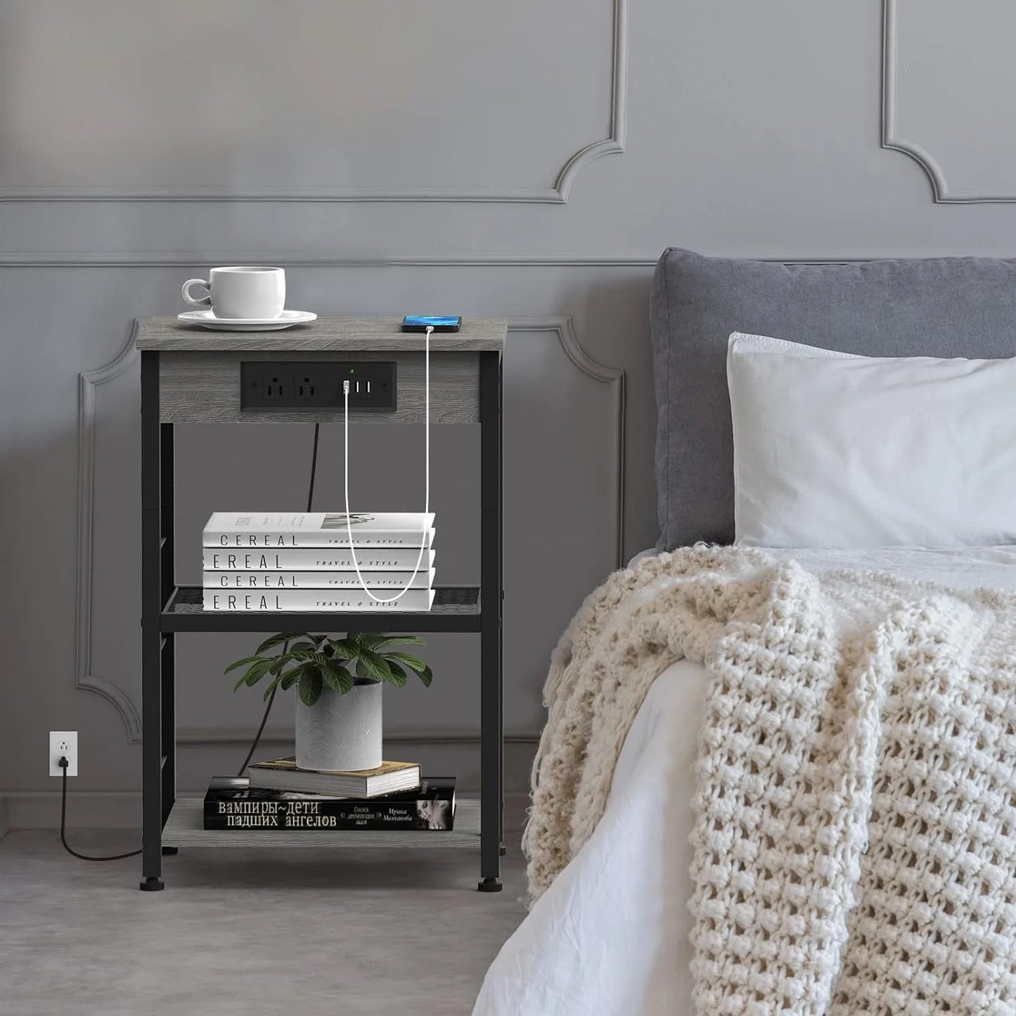Living Room table with charging station with storage rack