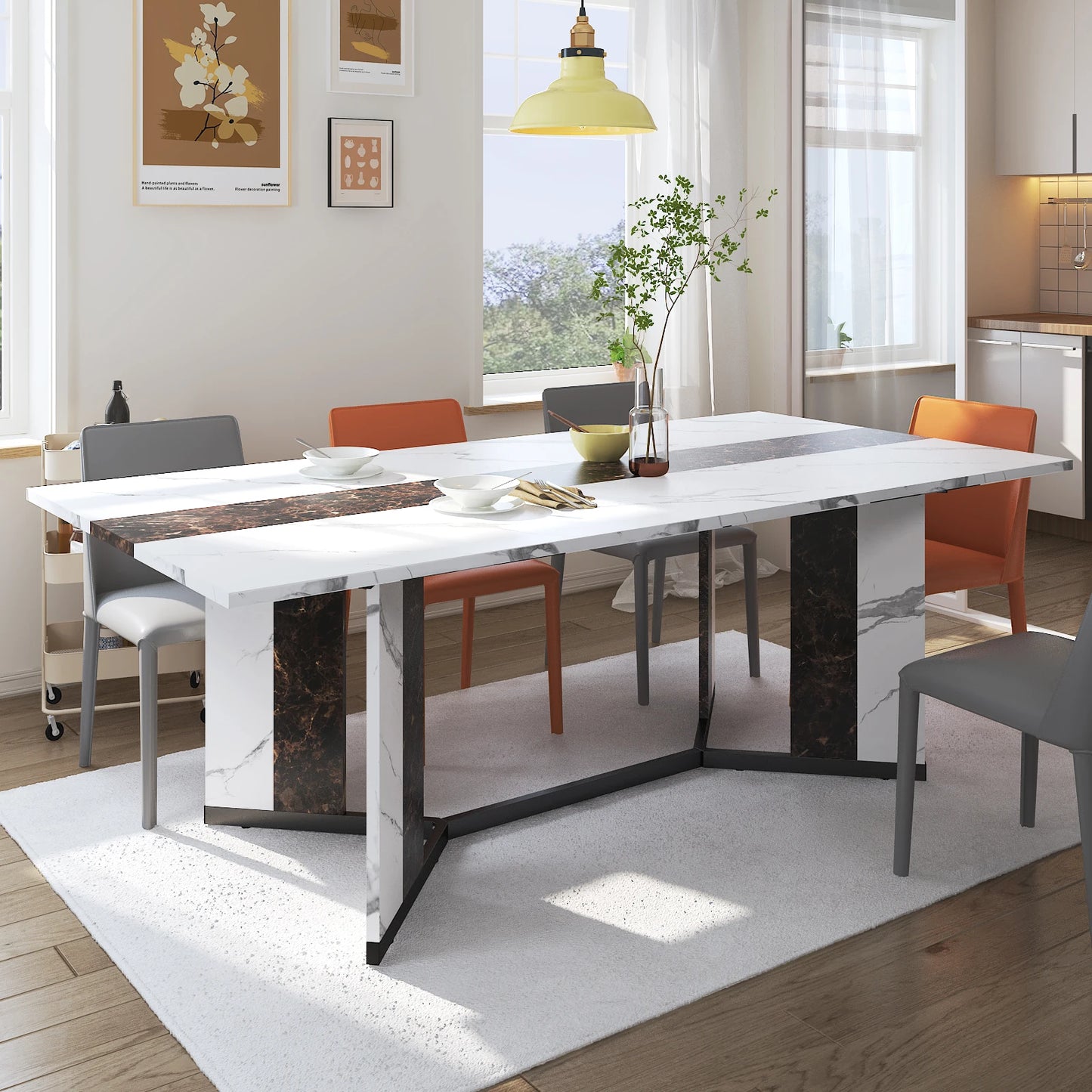 Large Rectangular White Dining Table with Marble Color, Wood Tabletop, Metal Leg