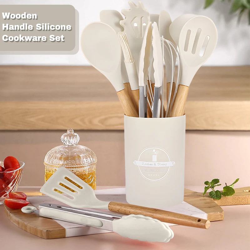 Silicone Cookware Kitchen Utensil Wooden Handle
