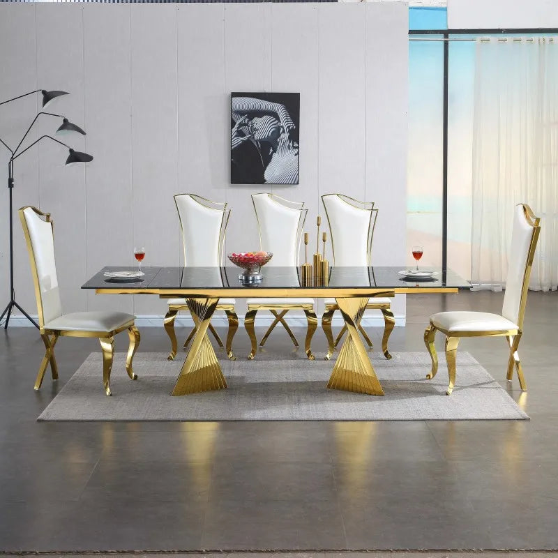 Dining Table with Black Marble Top & Tempered Glass
