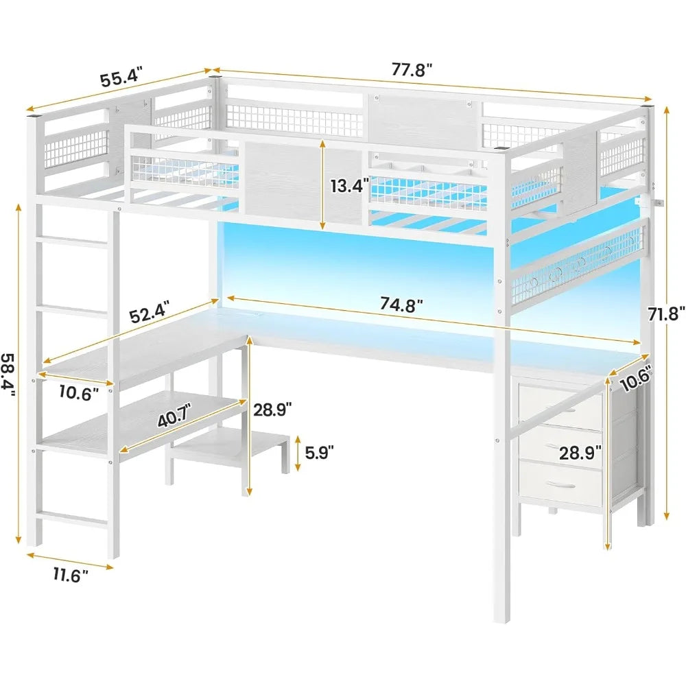 Full Size Loft Bed with L-Shaped Desk