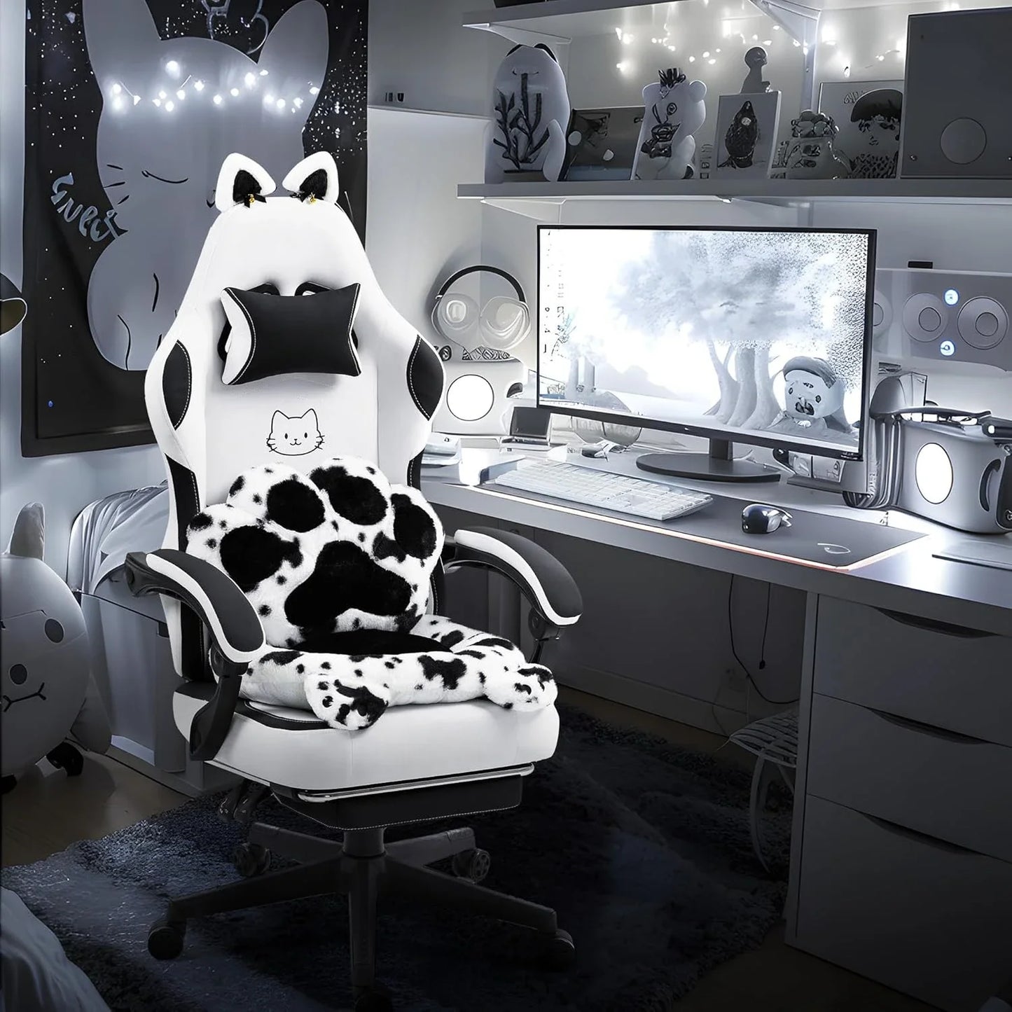 Cat Ears Paw Lumbar and Cushion Computer Chair