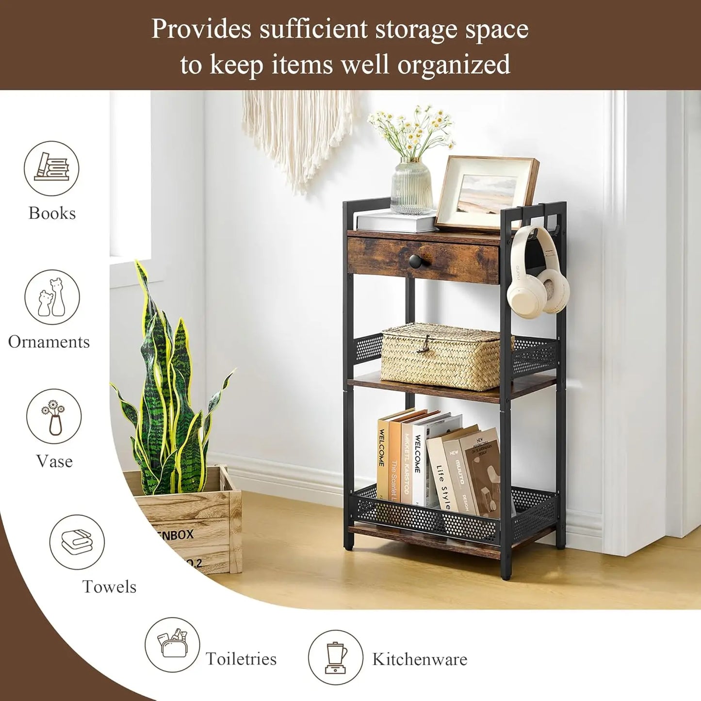 3-Tier Bathroom Floor Storage Shelf with Drawer