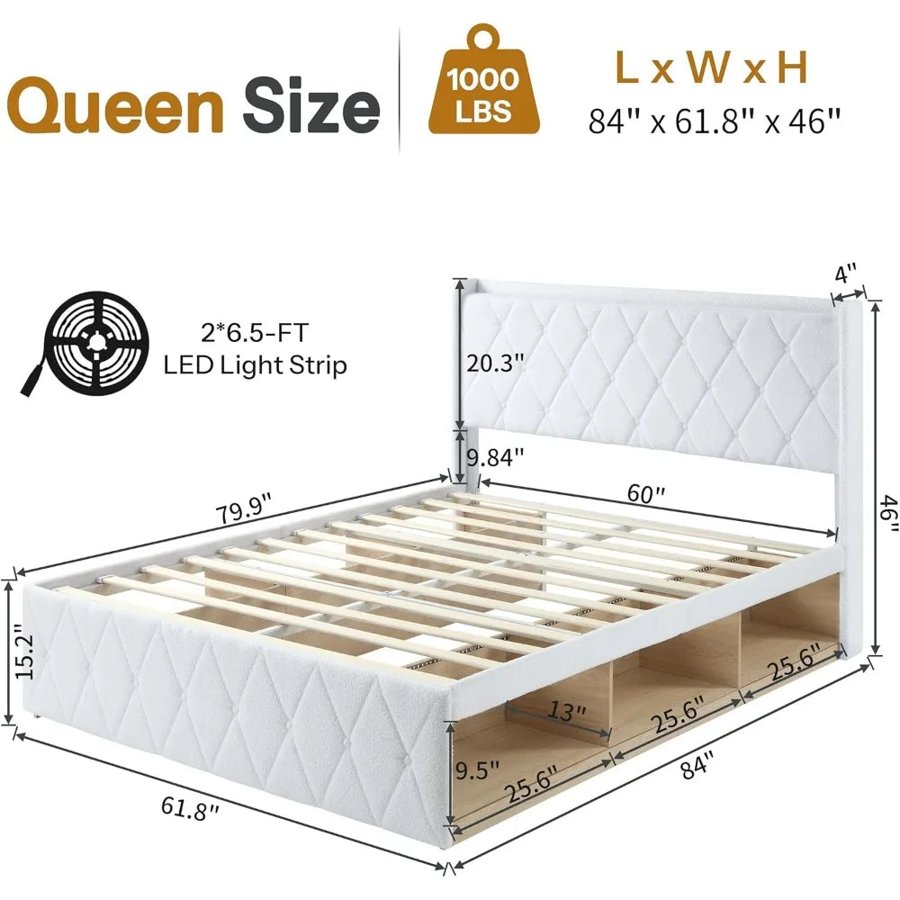 Bed Frame with Storage Cabinet and LED Lights