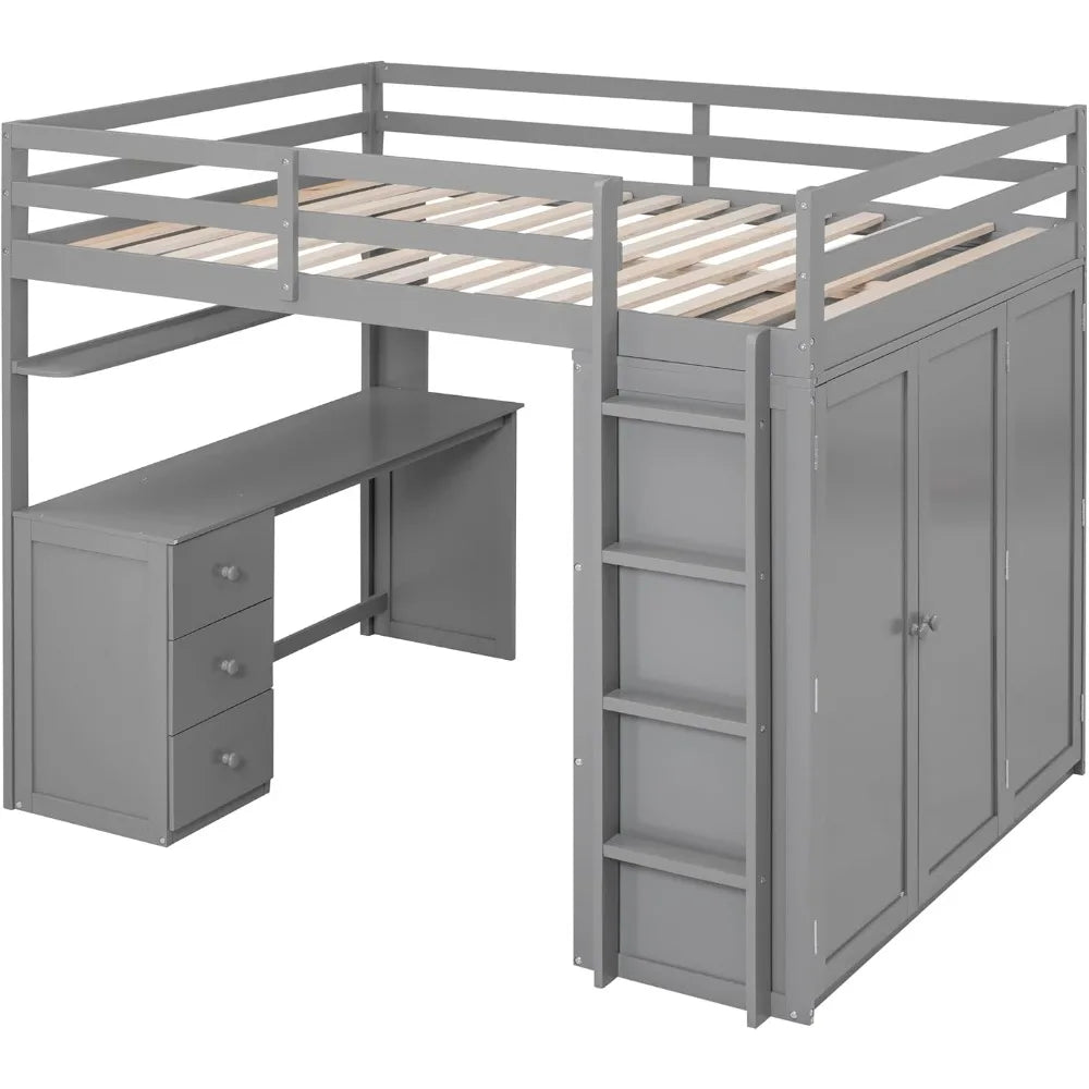 Full Size Loft Bed with Desk and Wardrobe