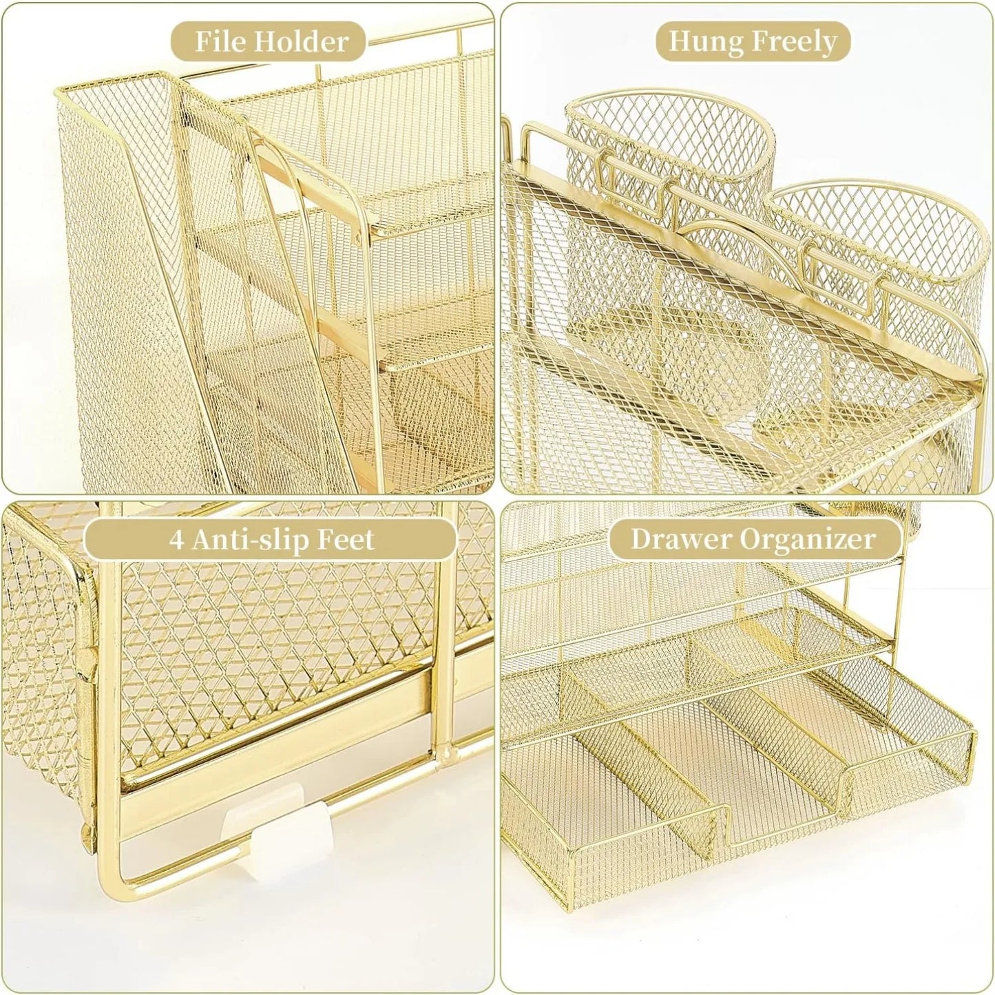 Letter tray organizer with file rack, 4-storey office desk accessory with drawers and 2 pen holders, and workspace organizer