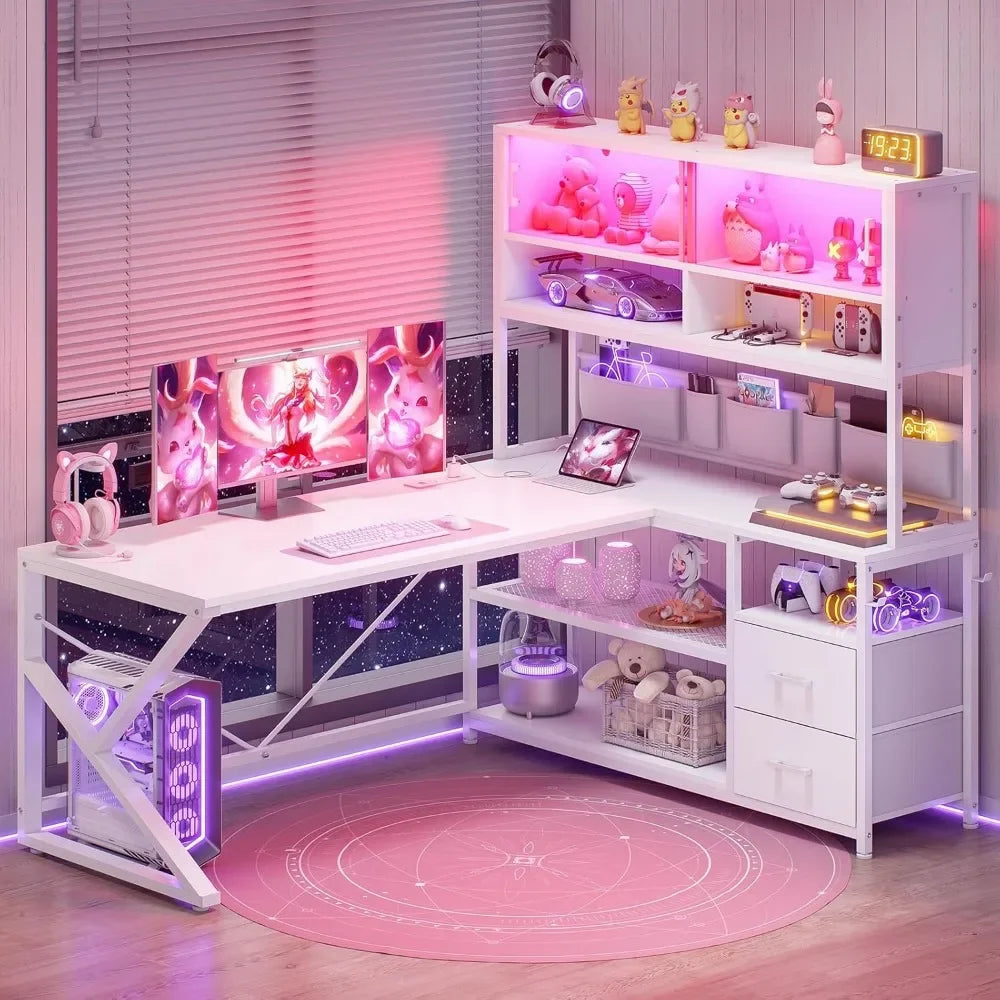L Shaped Home Office Computer Desk with 2 Drawer and Bookshelf