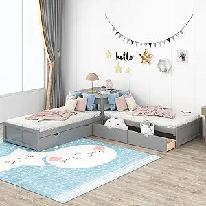 Double Twin Bed House Frame with Nightstand