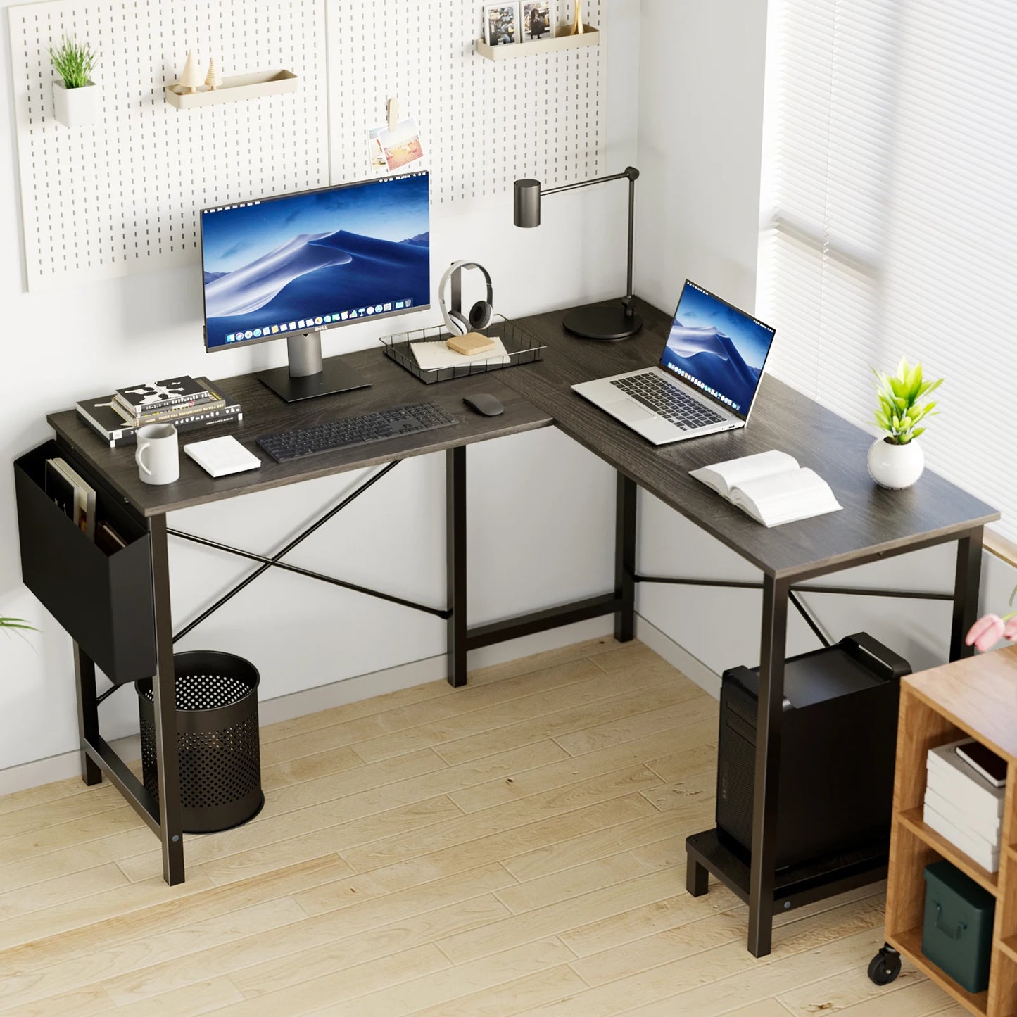 Corner Office Wooden Computer Desk with CPU Storage Shelf