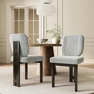Modern Boucle Dining Chairs Set of 2 with Ergonomic Curved Back/Walnut Wood Legs