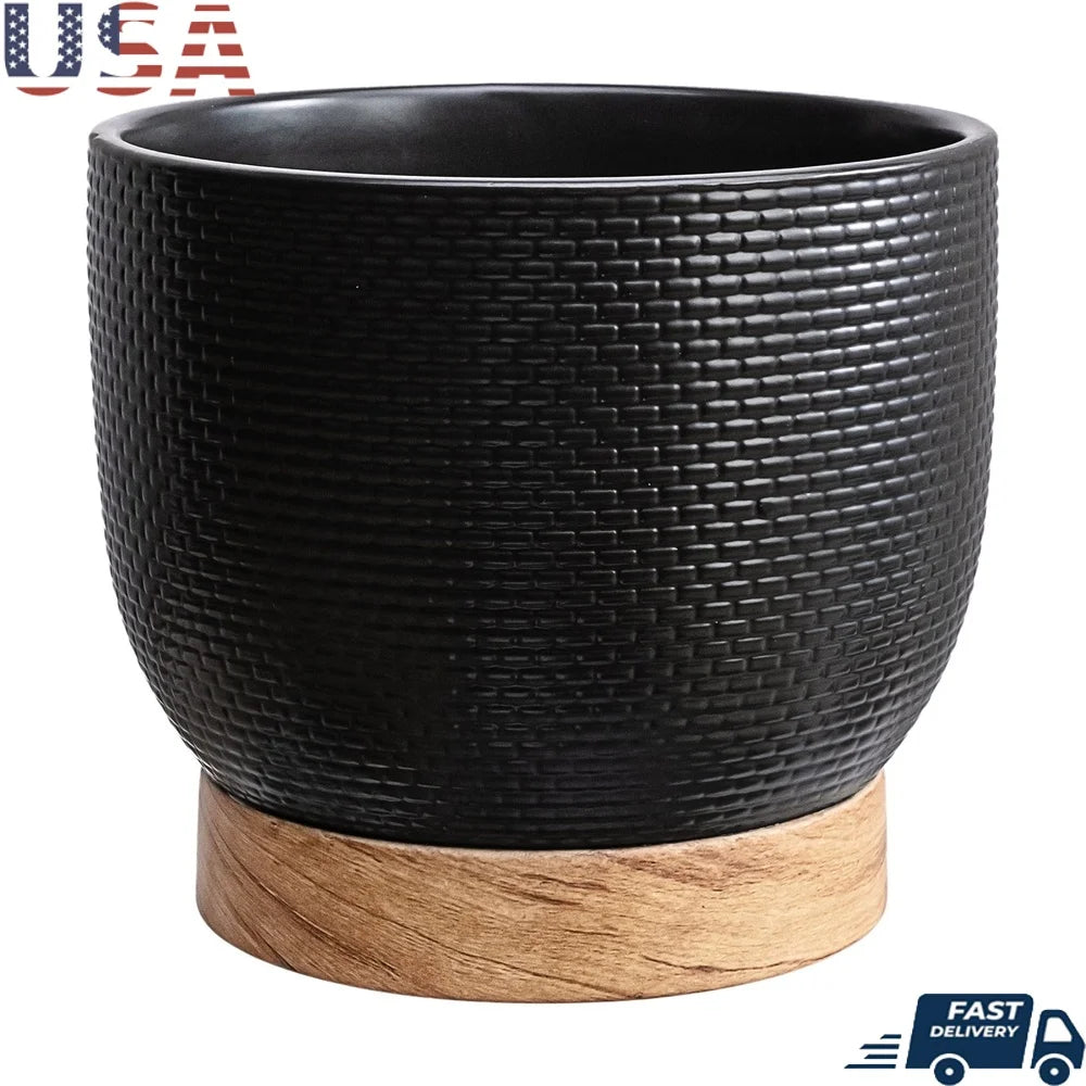 Black Woven Ceramic Planter with Wood Texture Base