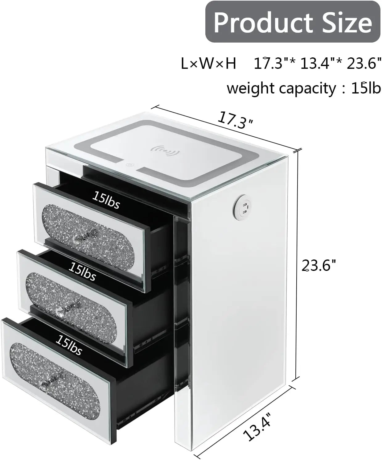 Mirrored Nightstands Set with Wireless Charging Station and LED Lights