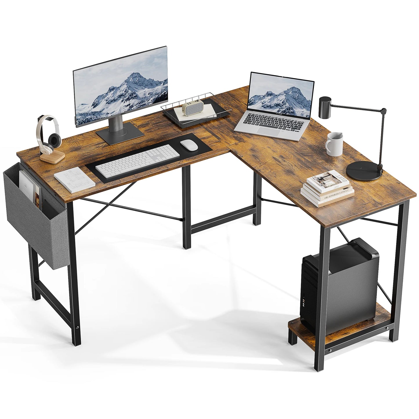 Corner Office Wooden Computer Desk with CPU Storage Shelf