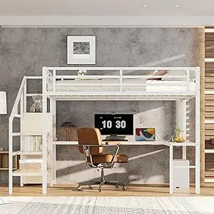 Twin XL Loft Bed with Stairs and L-shaped Desk