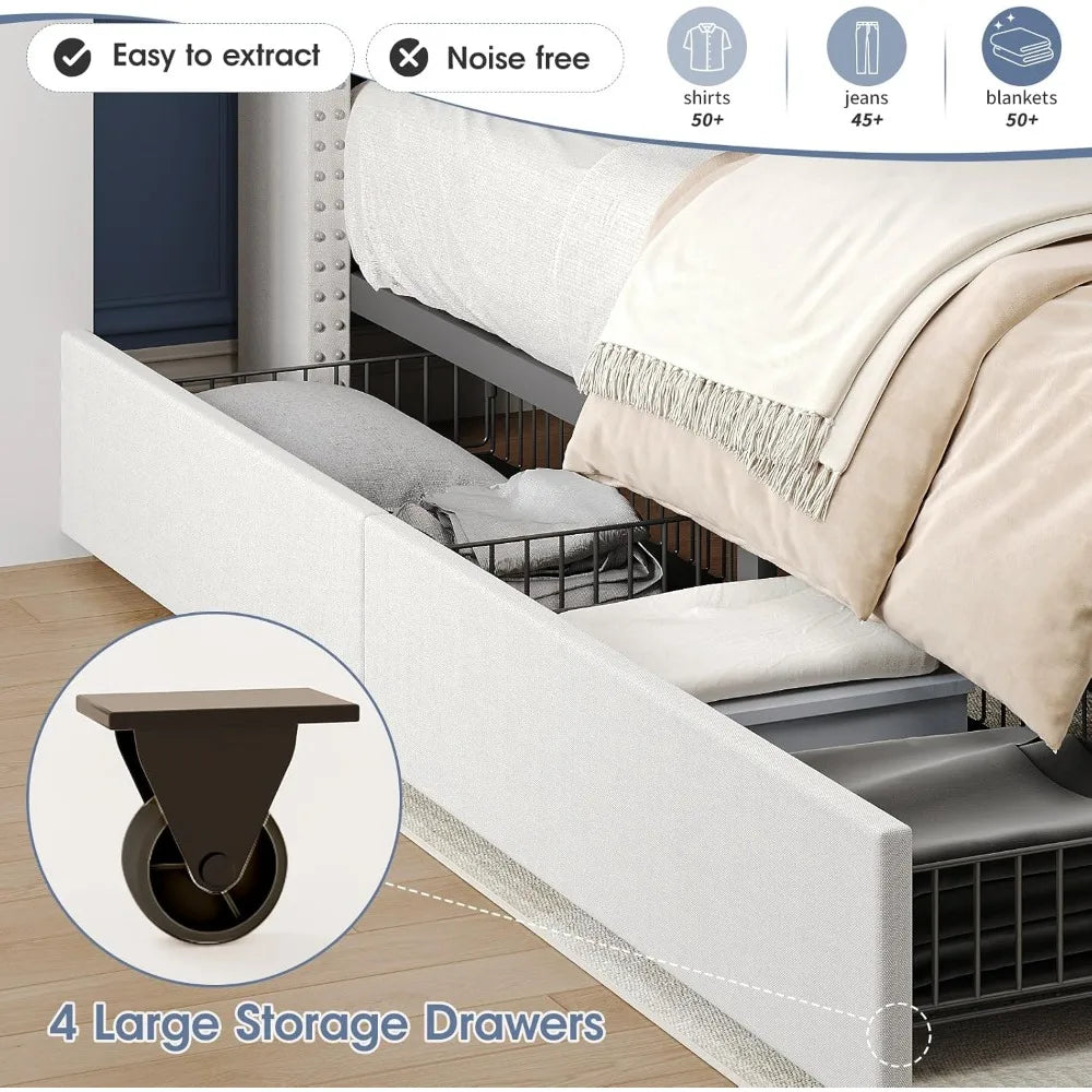 Bed Frame with Charging Station and 4 Storage Drawers