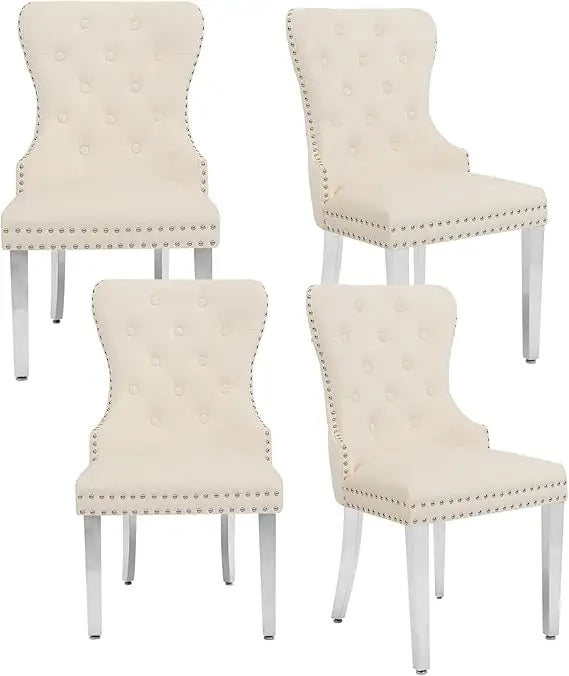 Tufted Upholstered Leather Dining Chairs with Solid Wood Legs and a Pull Ring