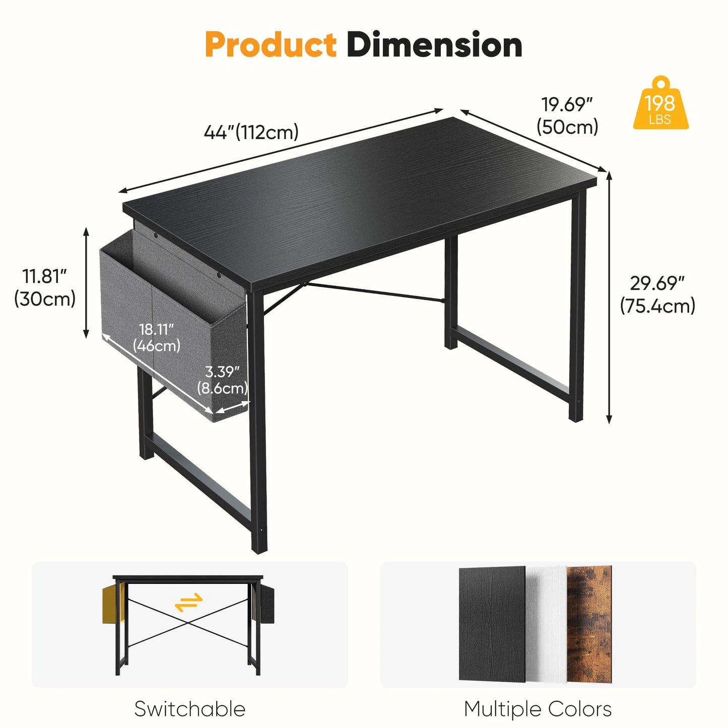 Computer Desk Writing Study Table with Storage Bag Metal Frame Wood Tabletop