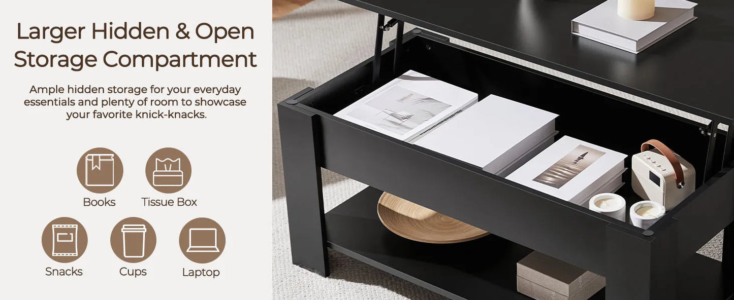 Wooden Coffee Table with Large Hidden Storage Shelf