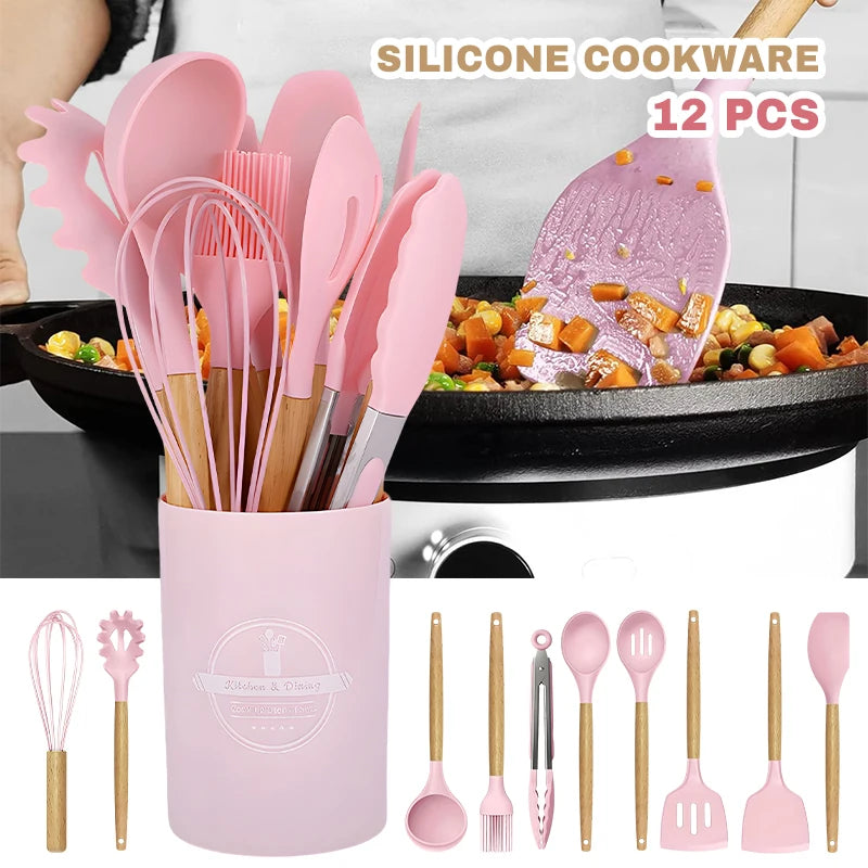 Silicone Cookware Kitchen Utensil Wooden Handle