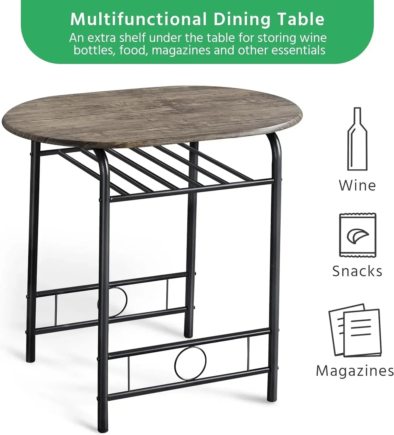Compact Bistro Table Set with Steel Legs Built-in Wine Rack
