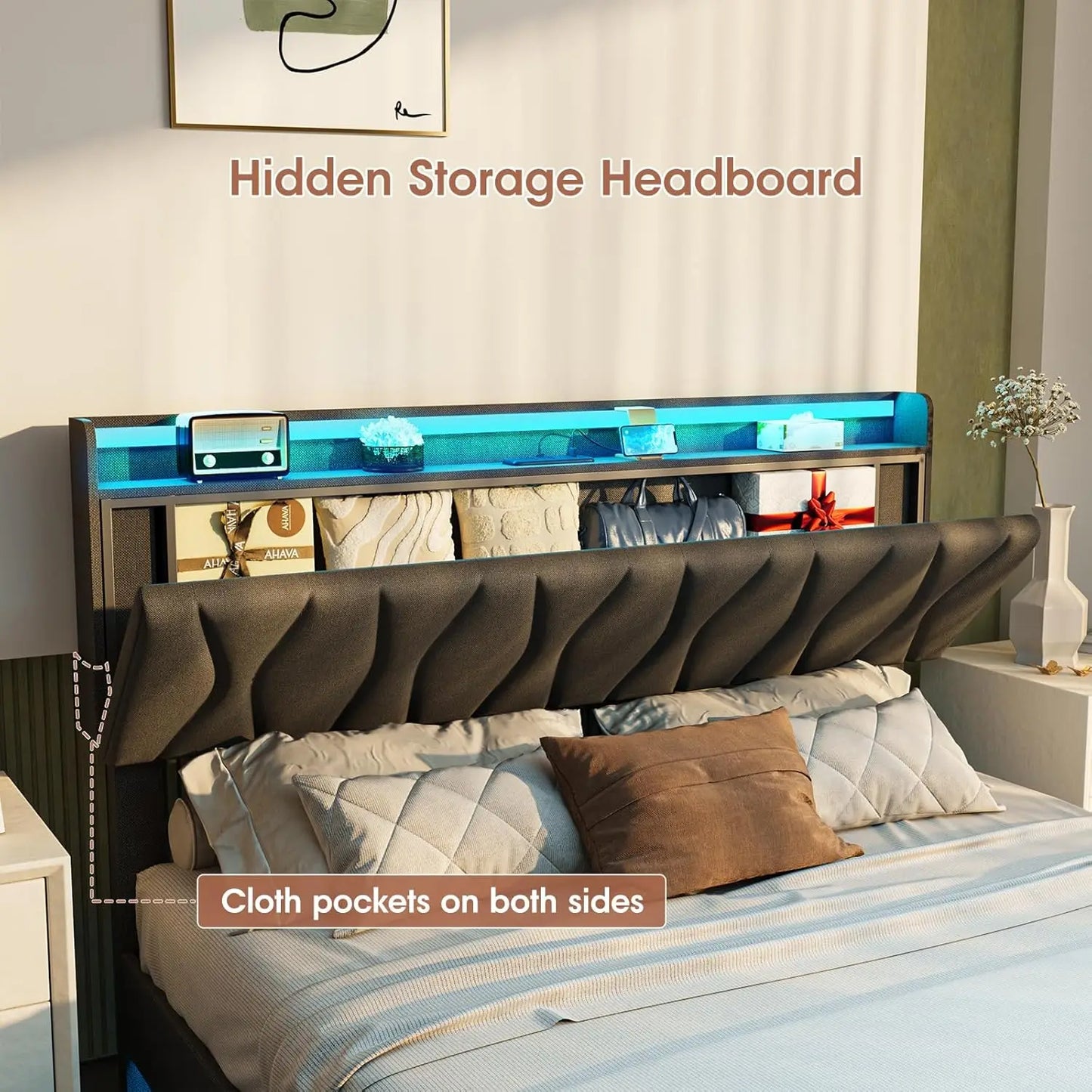 Floating Bed Frame with Storage Headboard & LED Light Frame & Charging Station