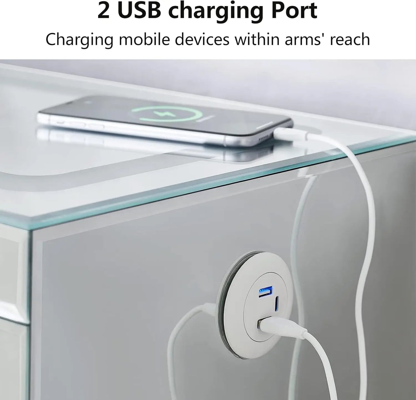 Mirrored Nightstands Set with Wireless Charging Station and LED Lights