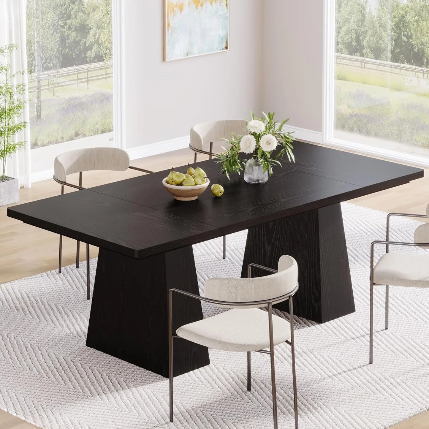 Black Dining Table with Tapered Wood Legs and Tabletop