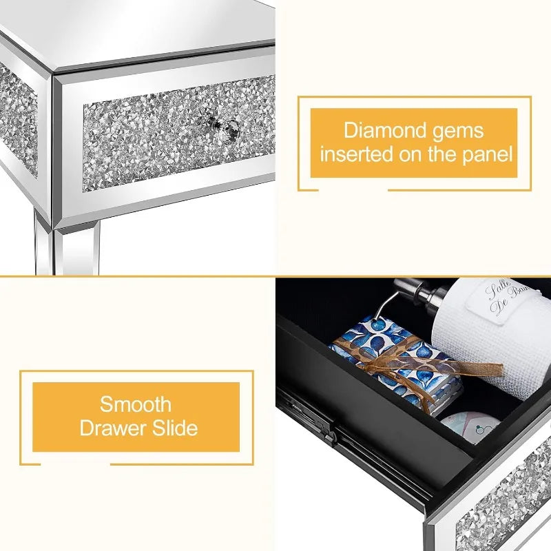 Mirrored Nightstand Set with Drawer Glass Accent Table