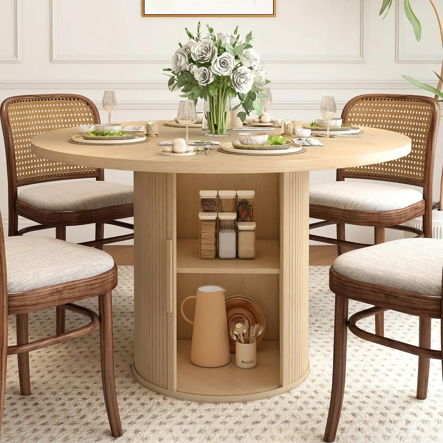 Round Dining Table with 2-Layer Storage Shelf and Wood Slide Door