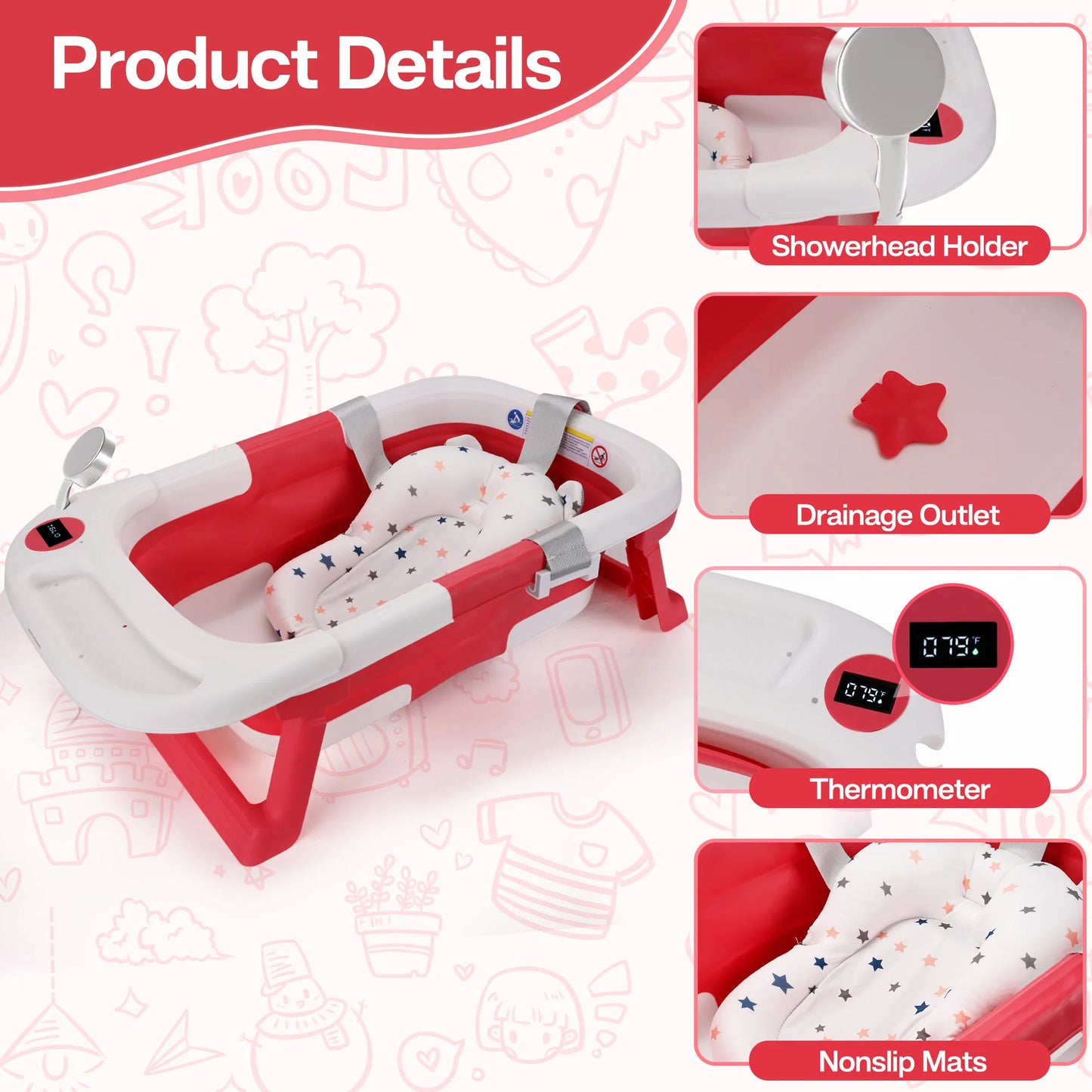 Baby Bath Tub with Soft Cushion & Thermometer