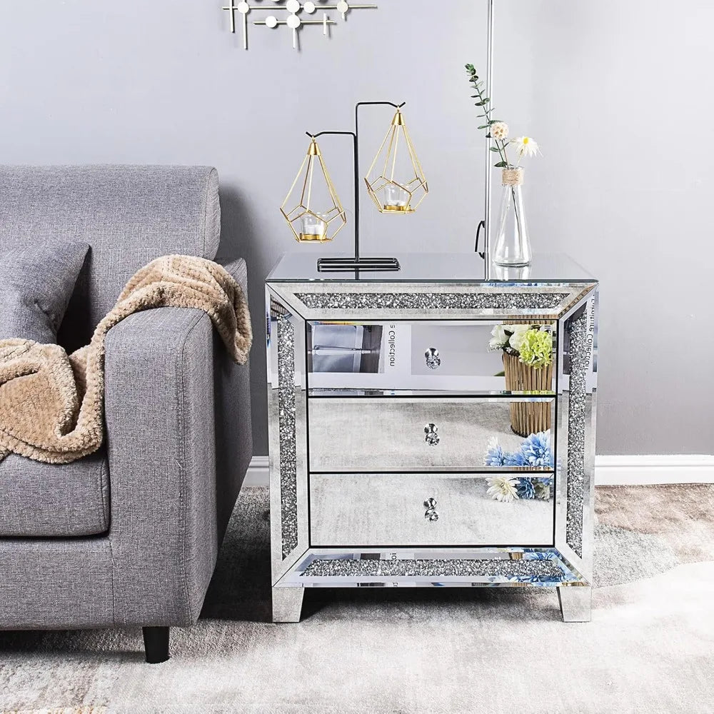 Mirrored Nightstands Set with 3 Drawer Glass Side