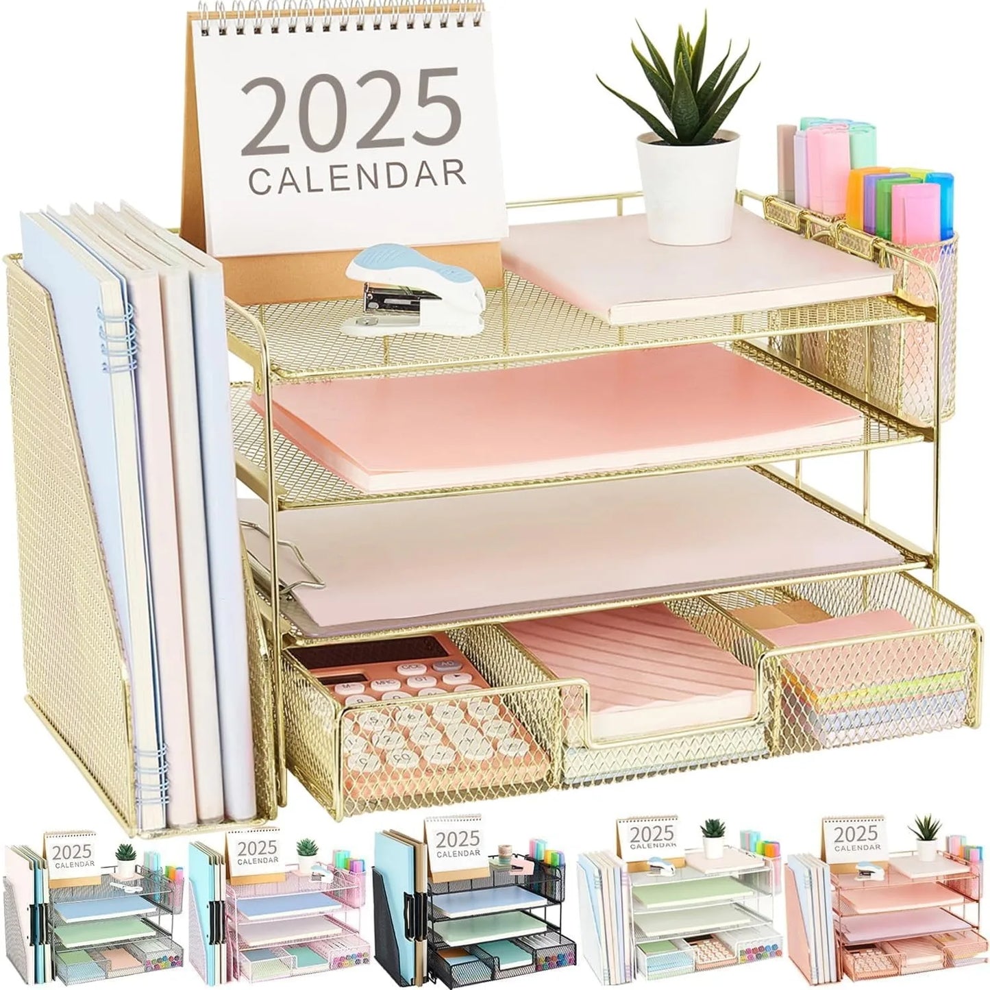 Letter tray organizer with file rack, 4-storey office desk accessory with drawers and 2 pen holders, and workspace organizer